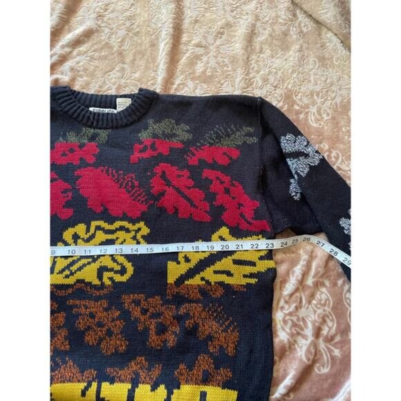 Vintage 80s‎ Abstract Leaf Graphic Knit Sweater Black Multicolor Size Medium - Picture 4 of 6